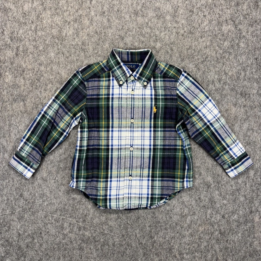 Polo Ralph Lauren Brushed Cotton Oxford Button Down Shirt Boy 2 Plaid Green Blue - Picture 1 of 7